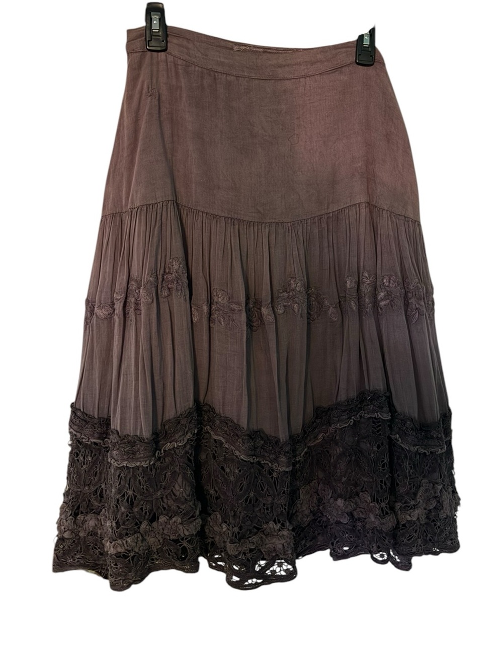 Da-Nang Mauve Tiered A-Line Full MIDI Knee Length Skirt with Crochet Lace Hem